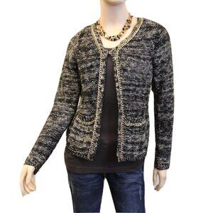 Lily Sz S Two Tone Chain Boucle Tweed Cardigan Sweater Black White Pockets Women